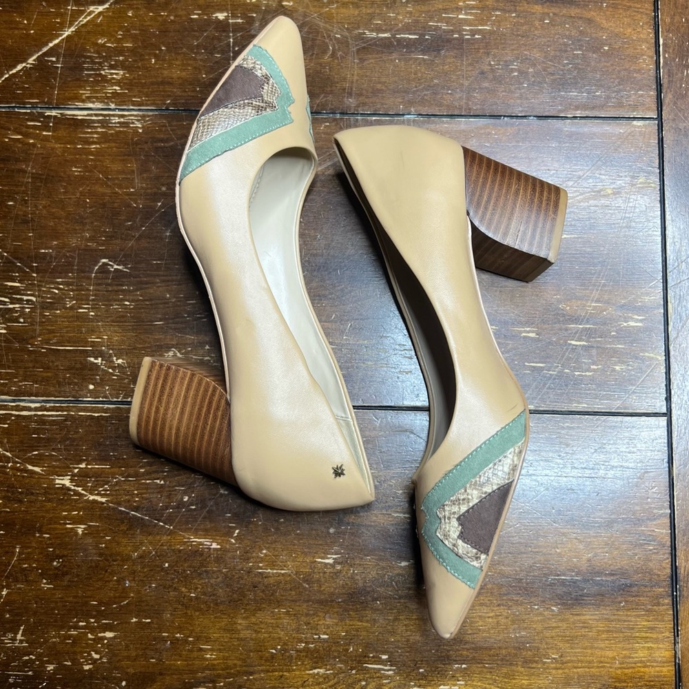 Vegan leather cream/tan rounded block heel pumps with a southwest vibe